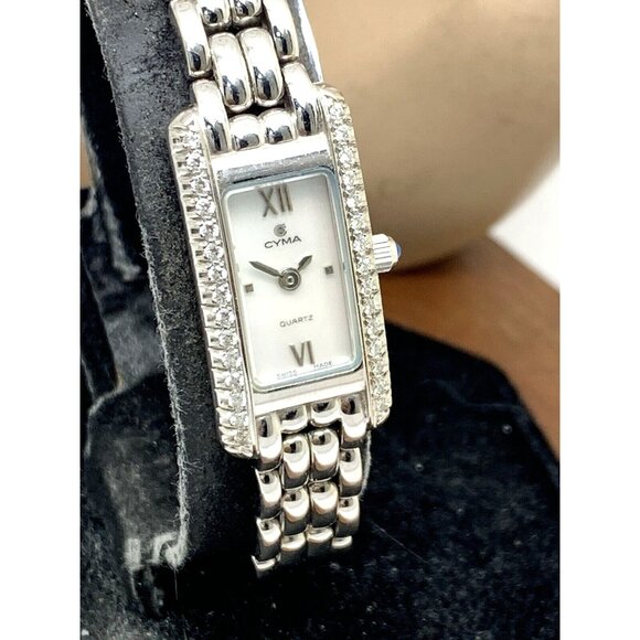 Cyma Women's Watch Swiss Quartz Diamond Mother of Pearl Dial Tank 18k White Gold - Picture 1 of 14